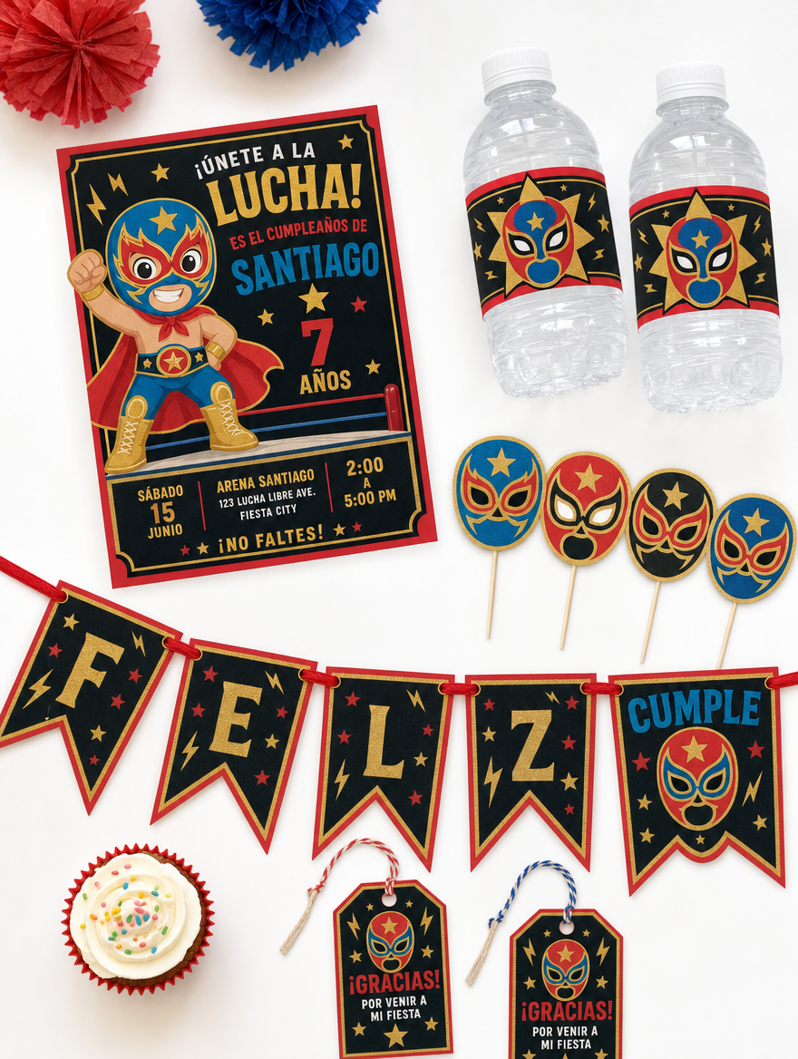 Kit Imprimible Cumpleaños Lucha Libre Personalizado